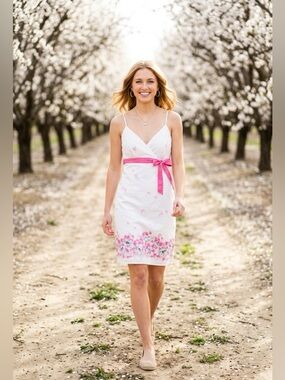 Mariposa White Slip Dress with Pink Floral Hem and Pink Waist Tie Y2K